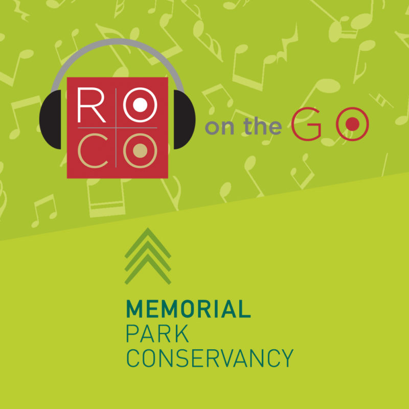 A green background with two logos; one red square with headphones that reads "ROCO" followed by "on the Go," and the second features three arrows in succession pointing upward and reads "Memorial Park Conservancy."