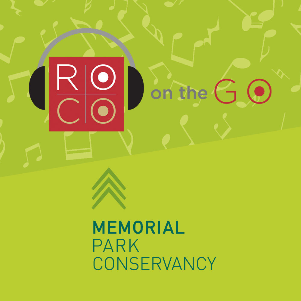 A green background with two logos; one red square with headphones that reads "ROCO" followed by "on the Go," and the second features three arrows in succession pointing upward and reads "Memorial Park Conservancy."